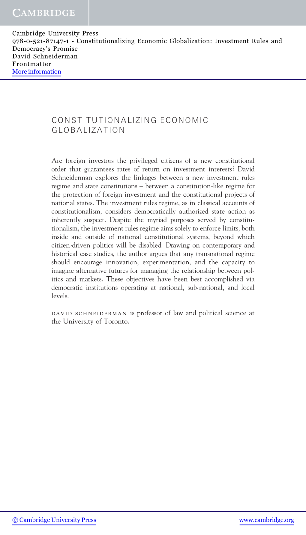 Constitutionalizing Economic Globalization: Investment Rules and Democracy’S Promise David Schneiderman Frontmatter More Information