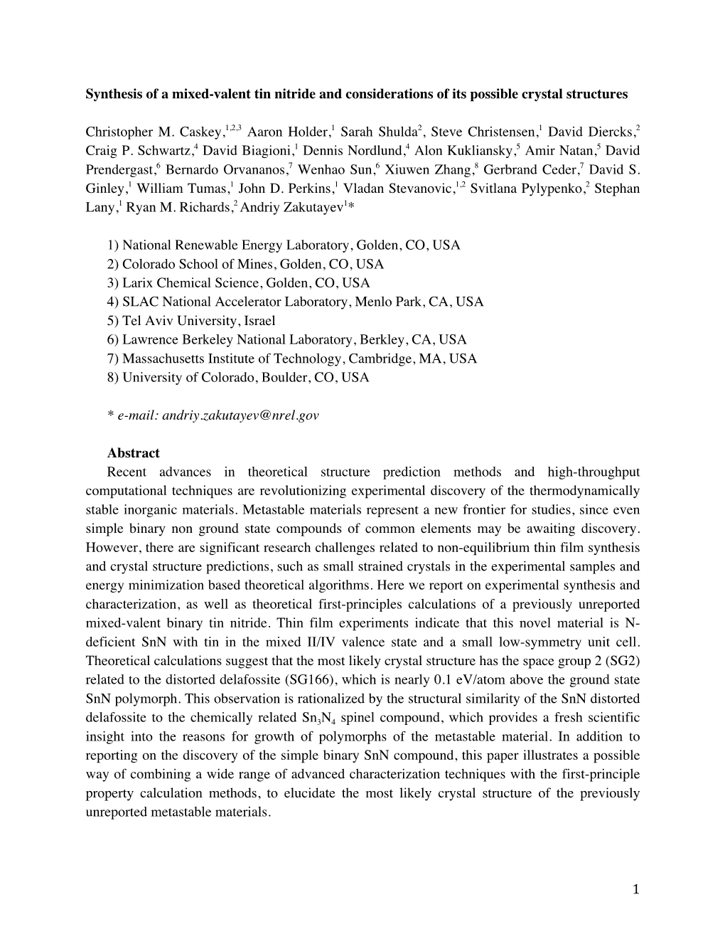 1 Synthesis of a Mixed-Valent Tin Nitride and Considerations of Its