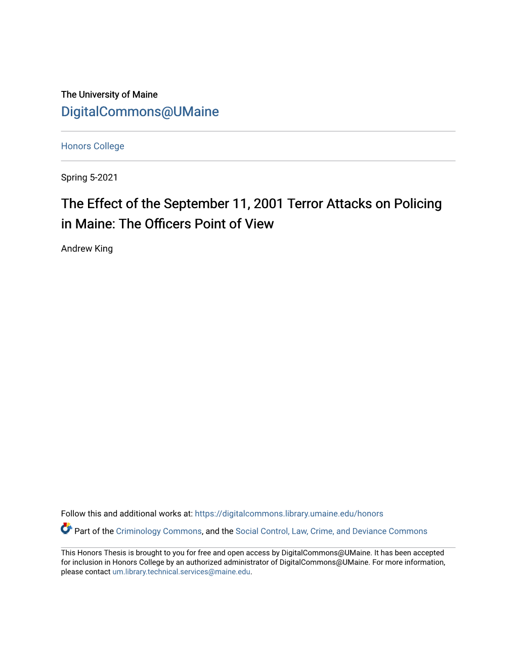 The Effect of the September 11, 2001 Terror Attacks on Policing in Maine: the Officersoint P of View