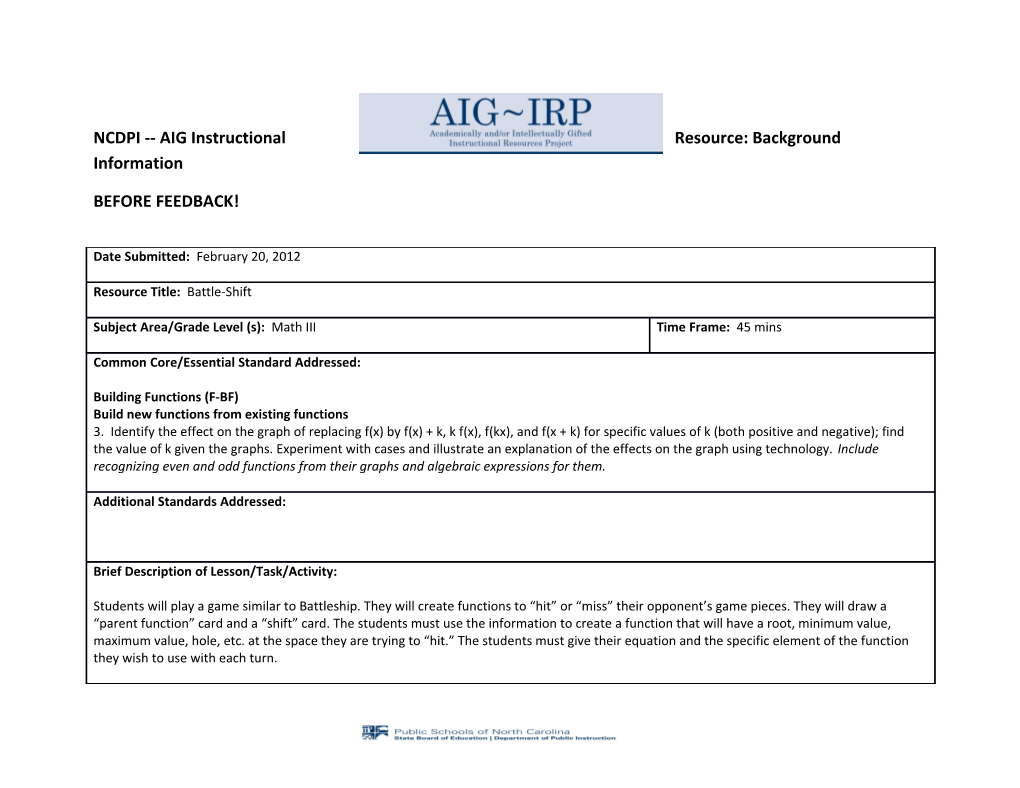 NCDPI AIG Instructional Resource: Background Information s2