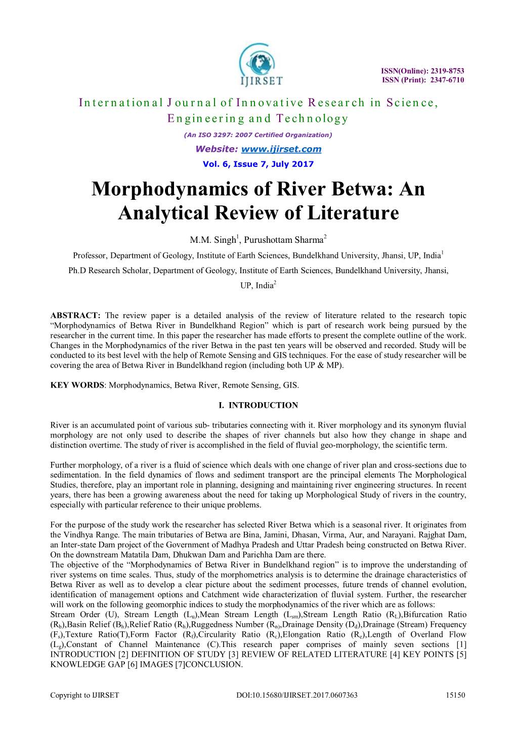 Morphodynamics of River Betwa: an Analytical Review of Literature