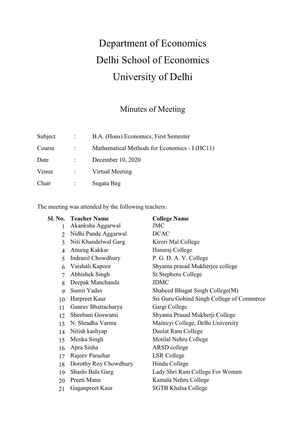 Department of Economics Delhi School of Economics University of Delhi