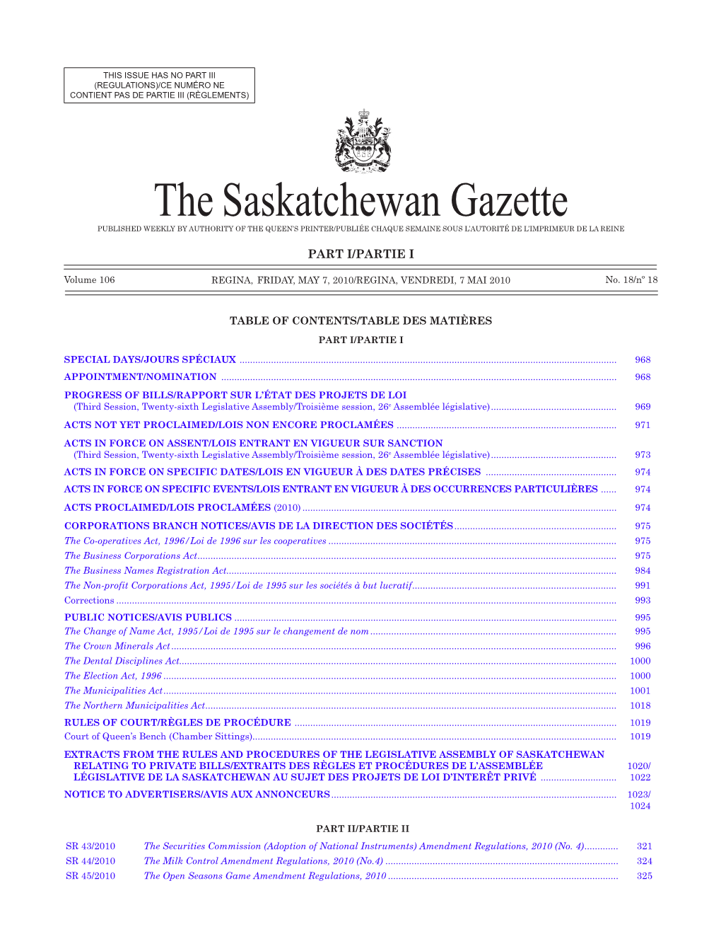 Sask Gazette, Part I, May 7, 2010