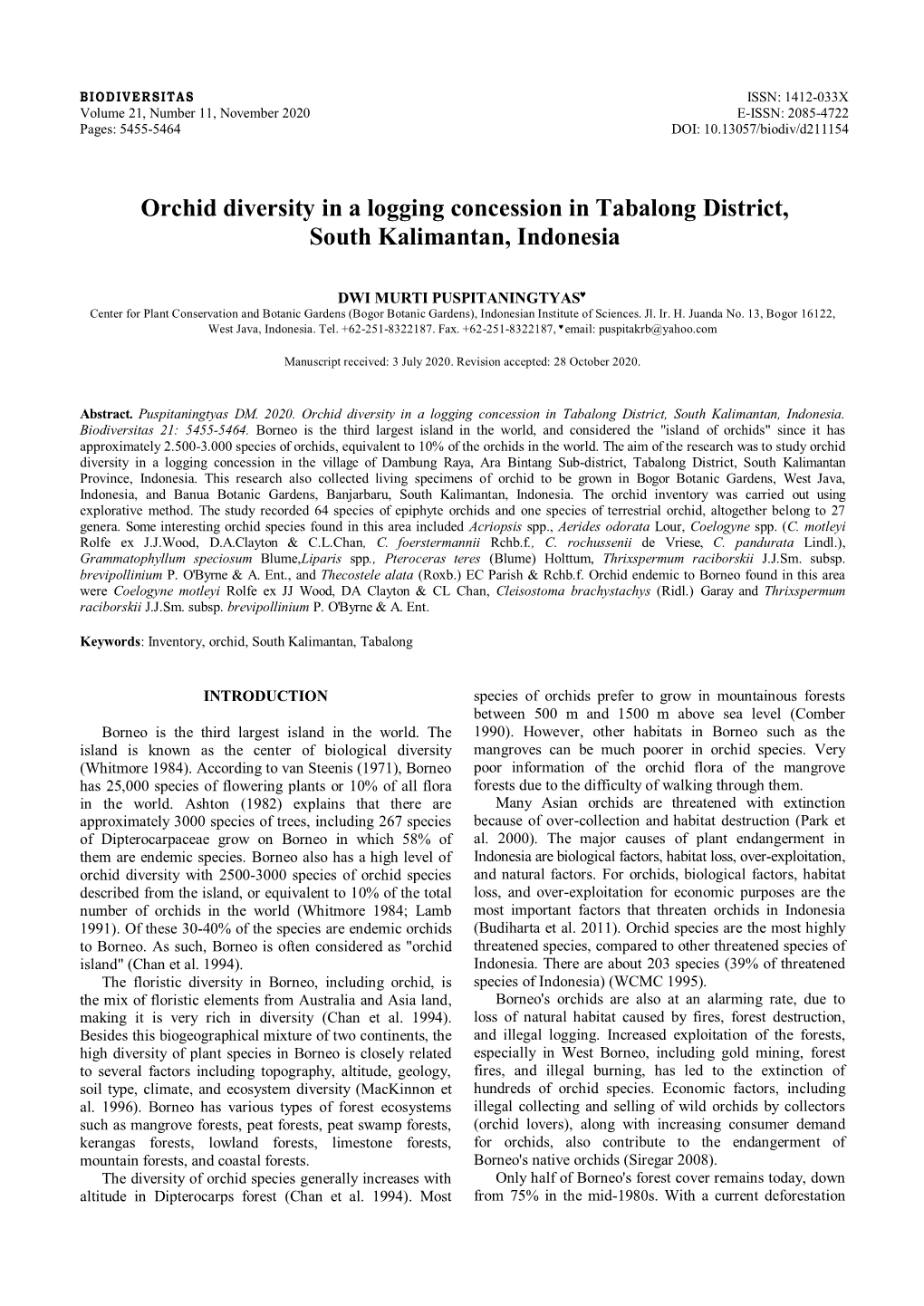 Orchid Diversity in a Logging Concession in Tabalong District, South Kalimantan, Indonesia