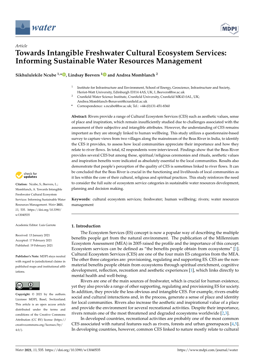 Towards Intangible Freshwater Cultural Ecosystem Services: Informing Sustainable Water Resources Management