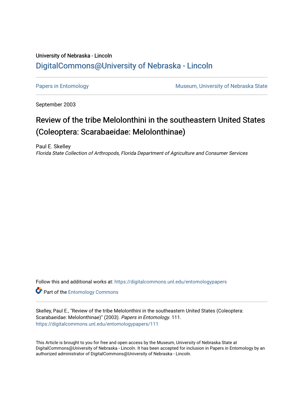 Review of the Tribe Melolonthini in the Southeastern United States (Coleoptera: Scarabaeidae: Melolonthinae)