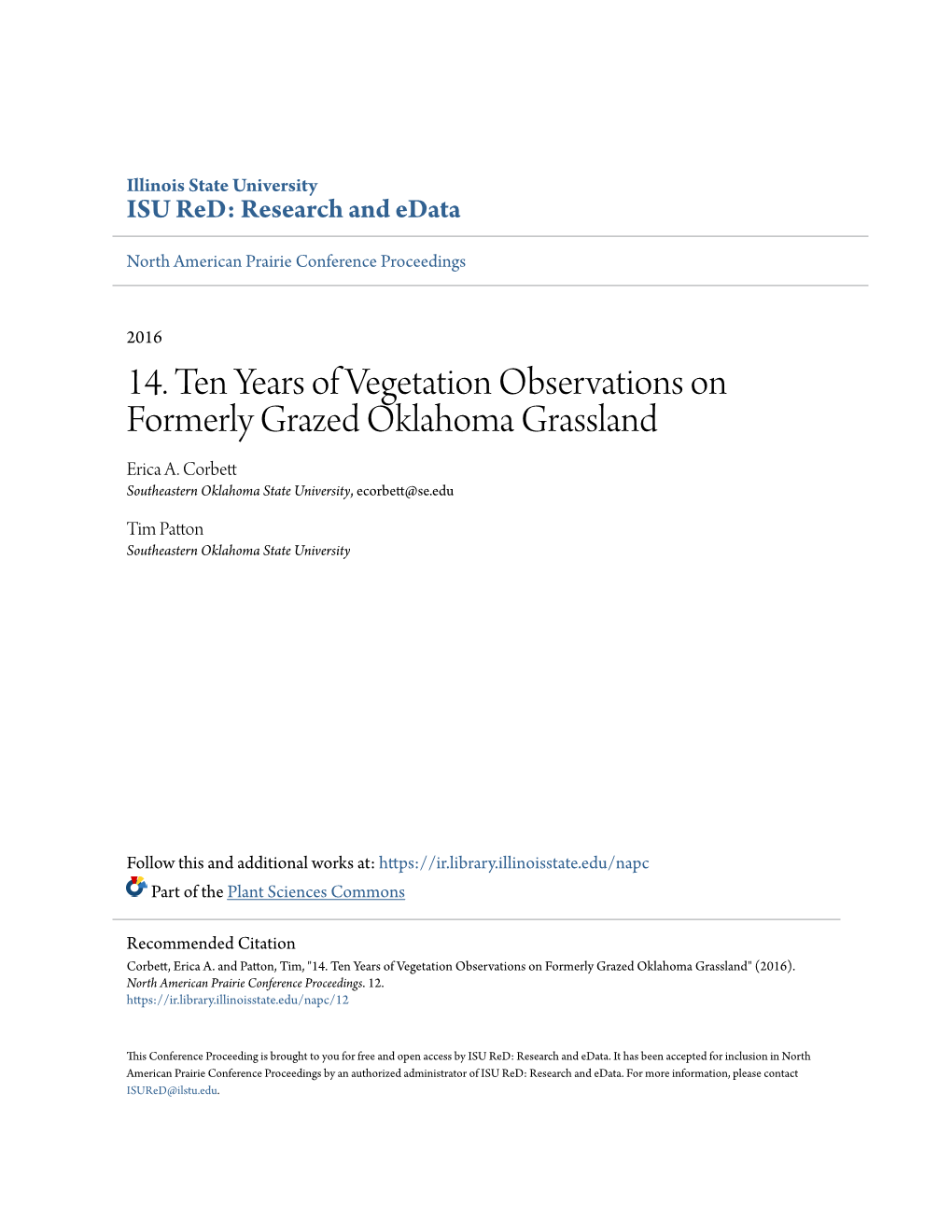 14. Ten Years of Vegetation Observations on Formerly Grazed Oklahoma Grassland Erica A