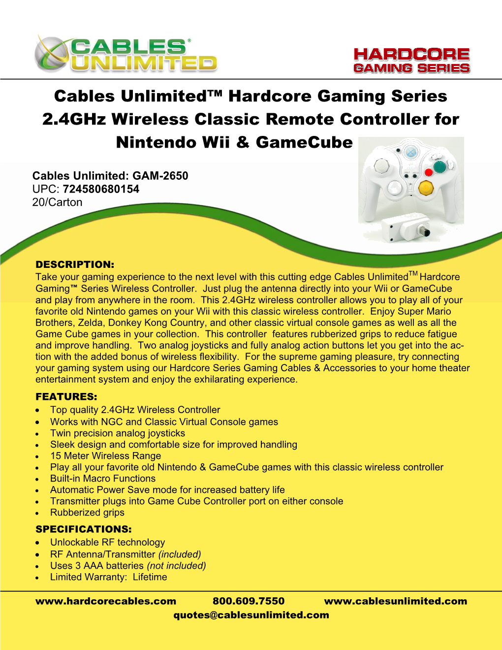 Cables Unlimited™ Hardcore Gaming Series 2.4Ghz Wireless Classic Remote Controller for Nintendo Wii & Gamecube