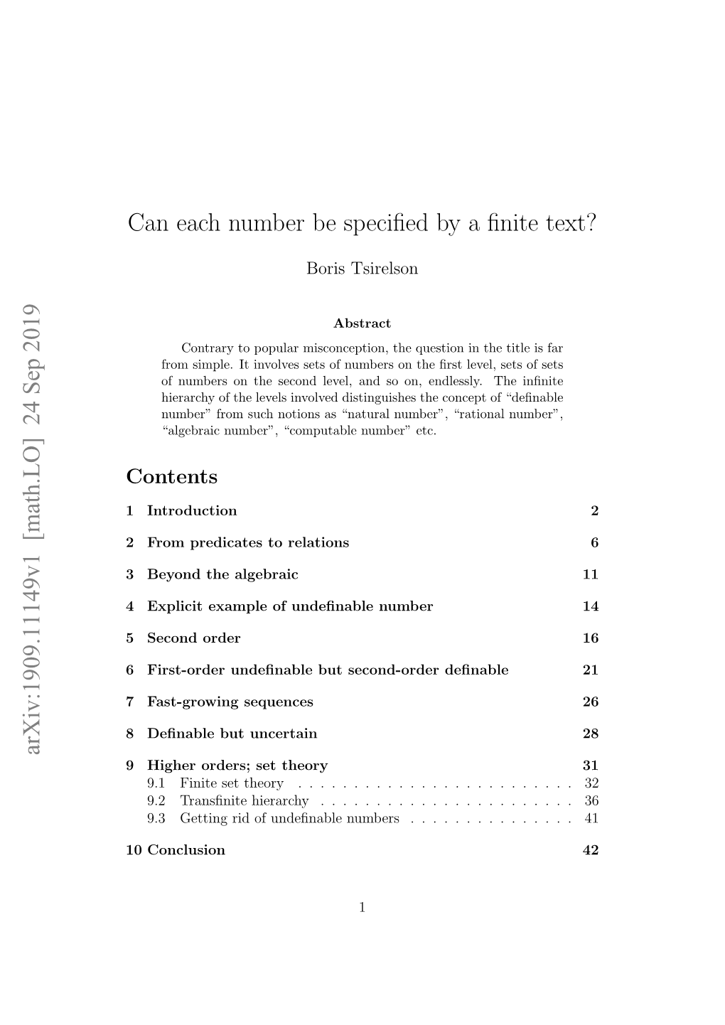 Can Each Number Be Specified by a Finite Text? Arxiv:1909.11149V1 [Math.LO] 24 Sep 2019