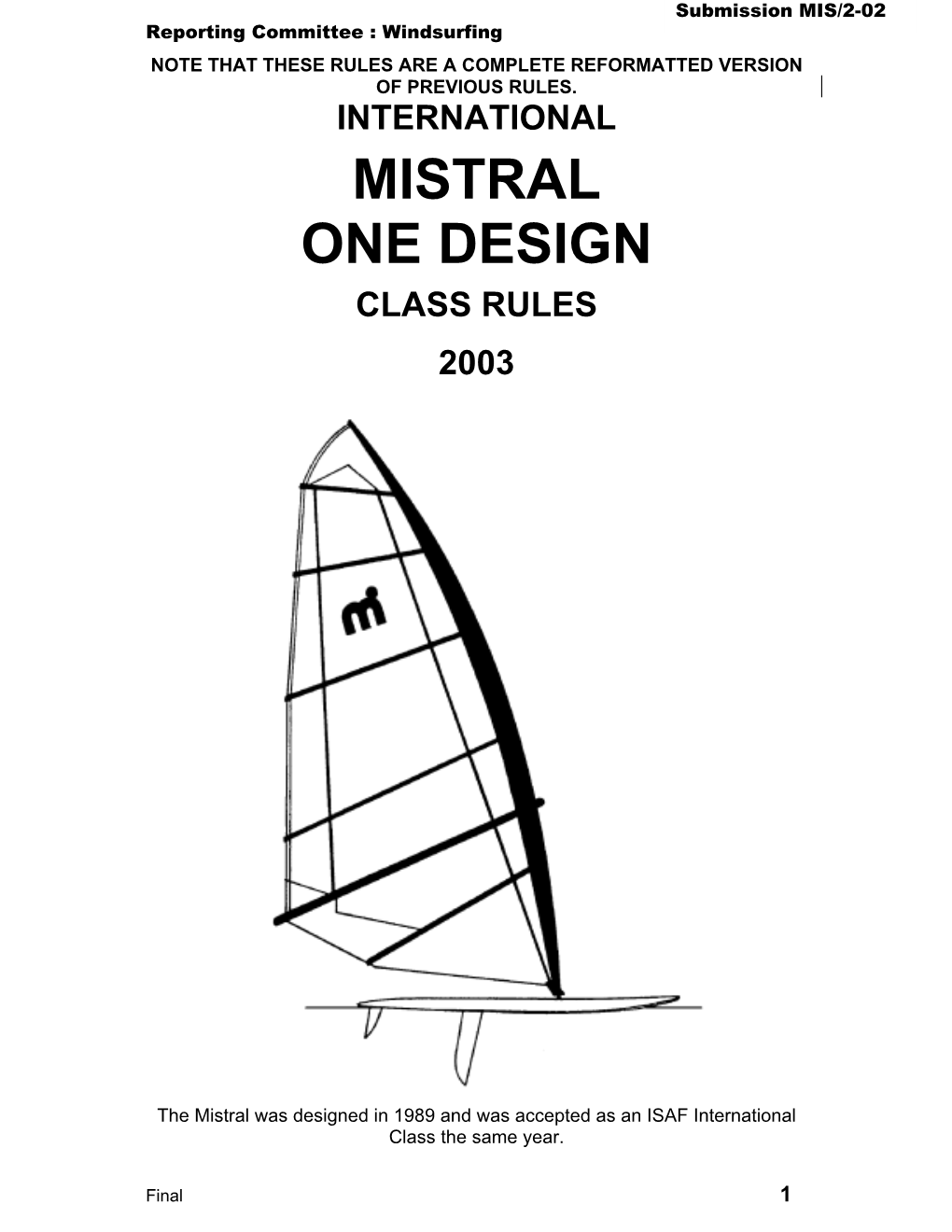 Mistral One Design Class Rules 2003