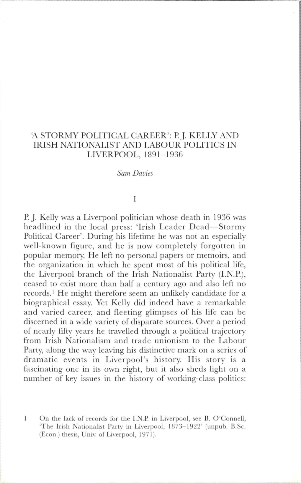 'A Stormy Political Carelr': P. J. Kelly and Irish Nationalist and Labour Politics in Liverpool, 1891-1936