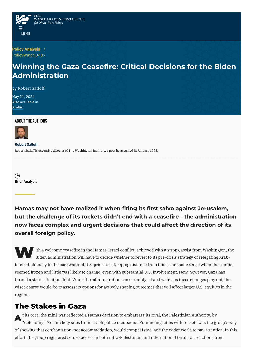 Winning the Gaza Ceasefire: Critical Decisions for the Biden Administration by Robert Satloff