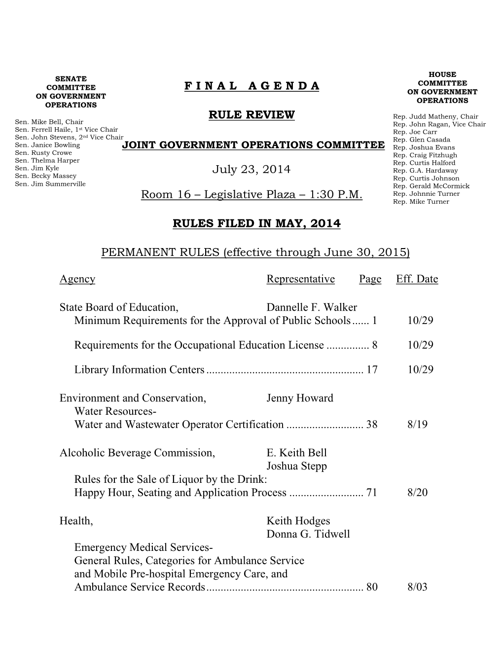 F I N a L a G E N D a RULE REVIEW July 23, 2014 Room 16 – Legislative Plaza – 1:30 P.M. RULES FILED in MAY, 2014 PERMANENT