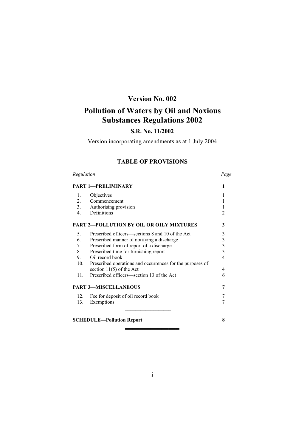 Pollution of Waters by Oil and Noxious Substances Regulations 2002