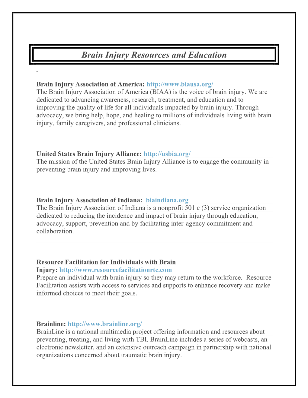 Brain Injury Resources and Education