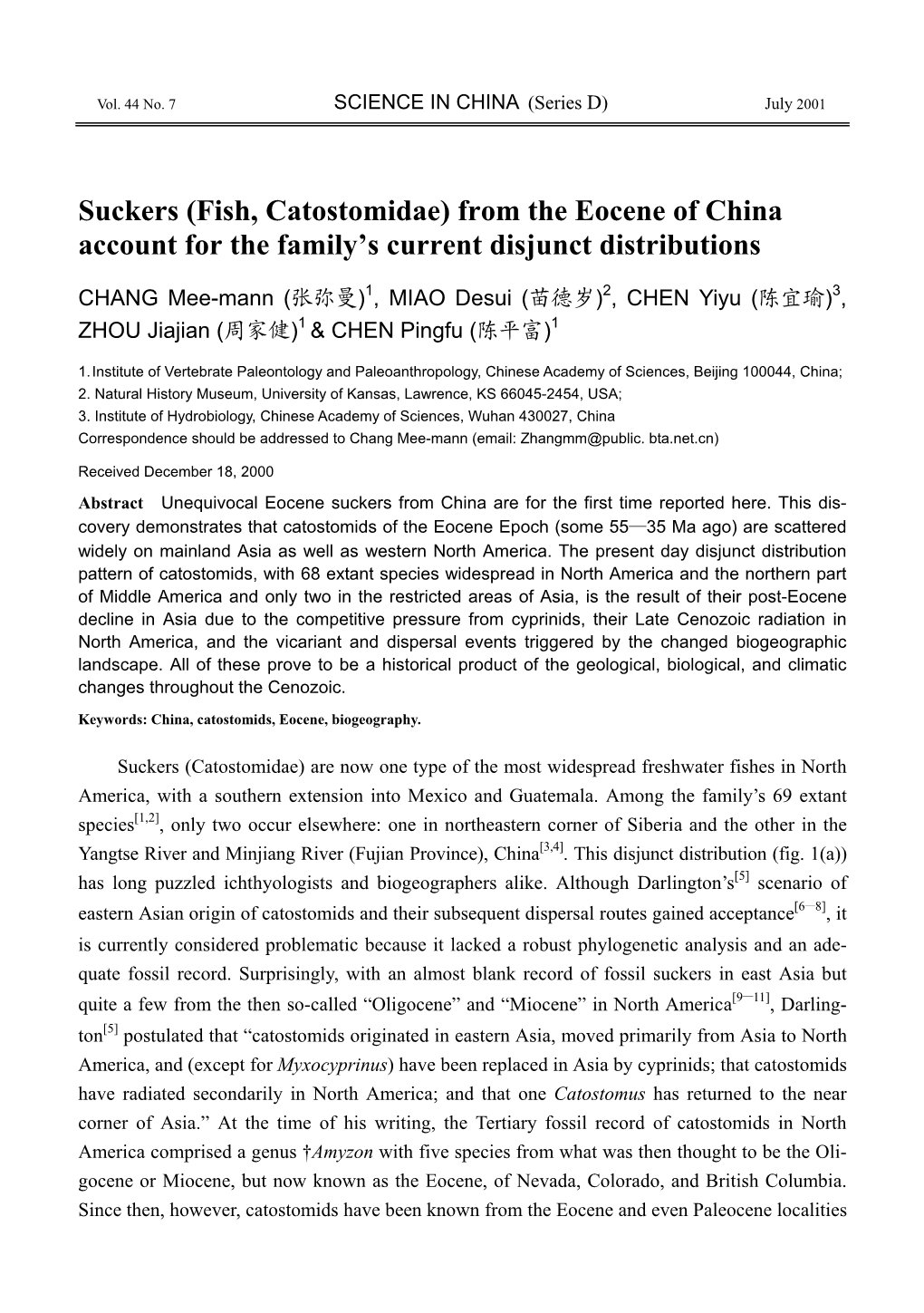 Suckers (Fish, Catostomidae) from the Eocene of China Account for the Family’S Current Disjunct Distributions