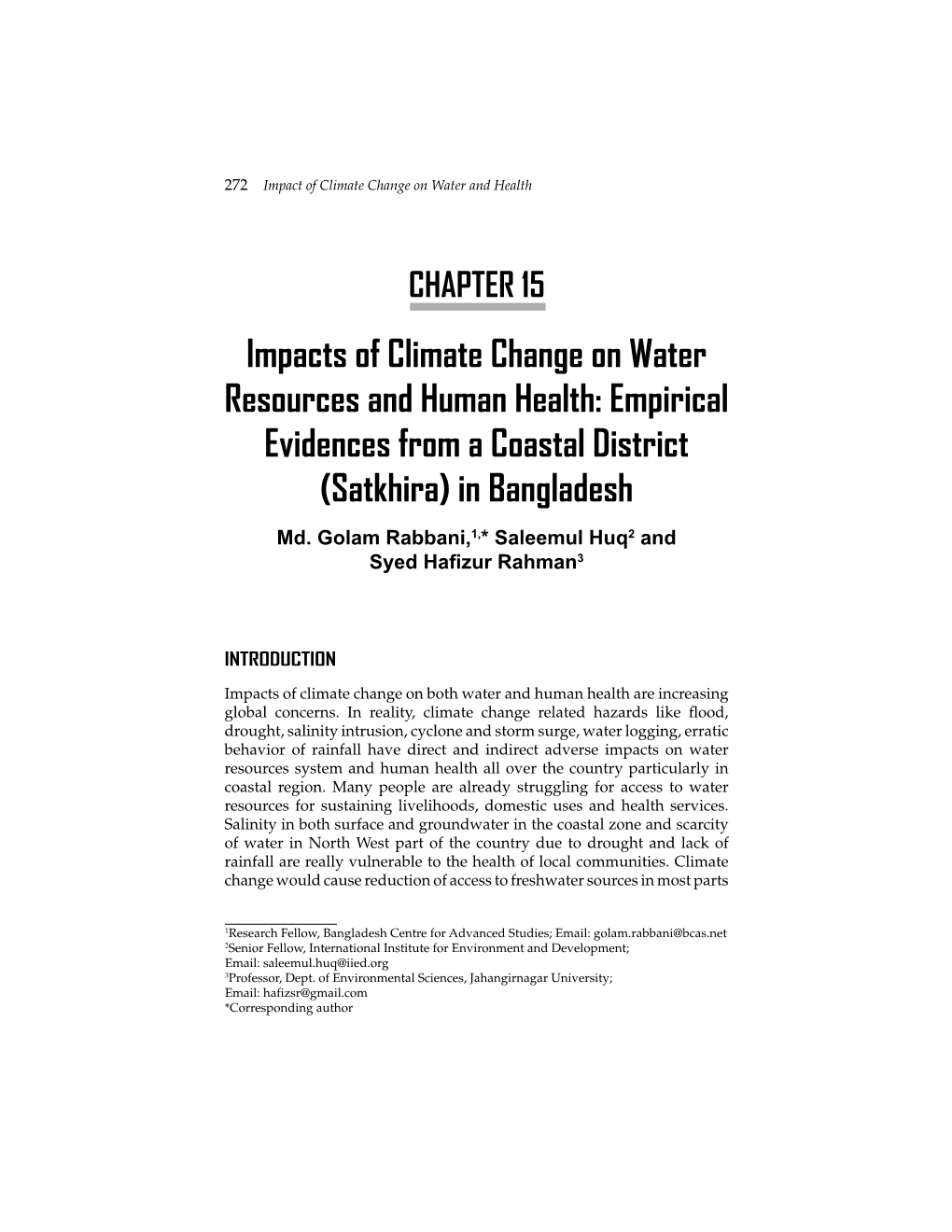 Impacts of Climate Change on Water Resources and Human Health: Empirical Evidences from a Coastal District (Satkhira) in Bangladesh Md