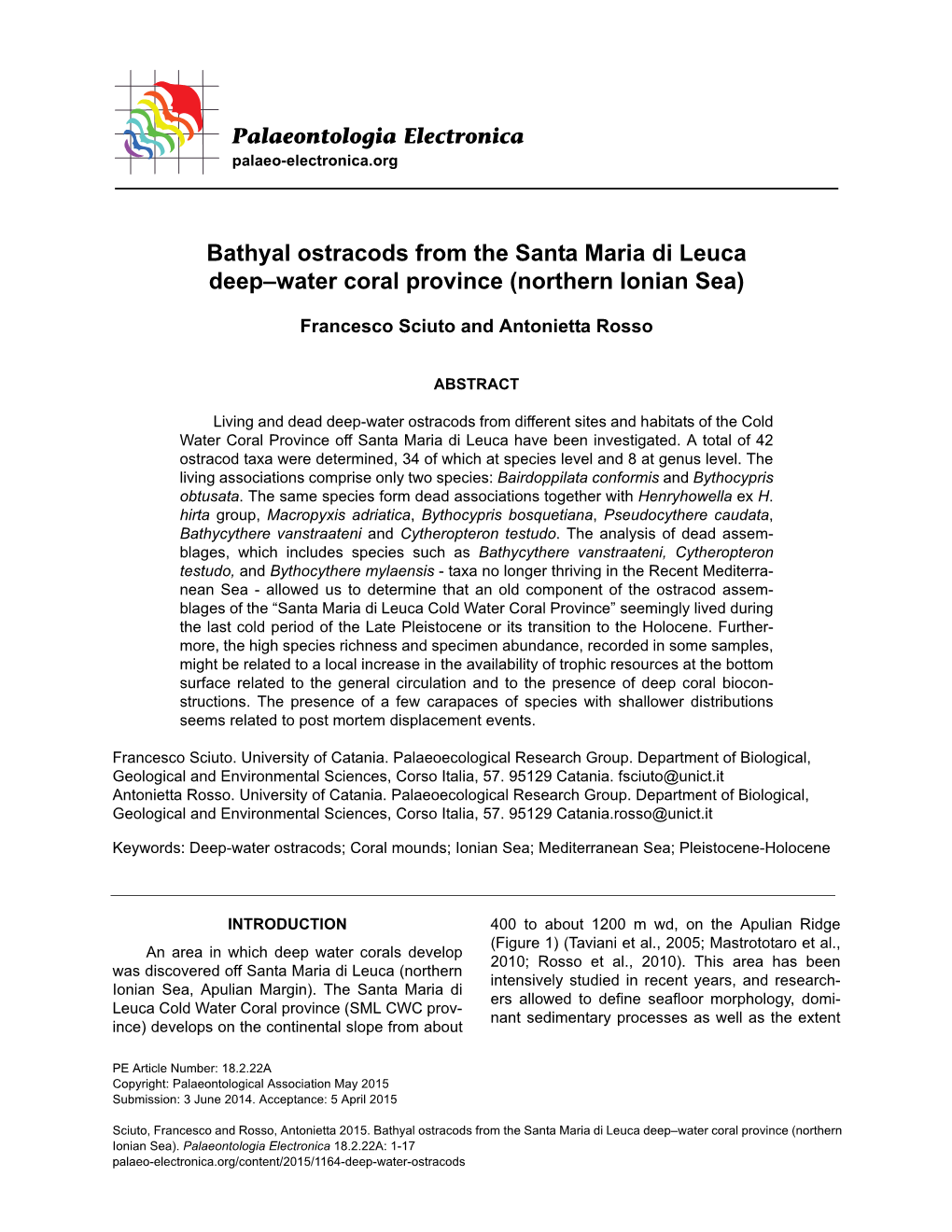 Bathyal Ostracods from the Santa Maria Di Leuca Deep–Water Coral Province (Northern Ionian Sea)