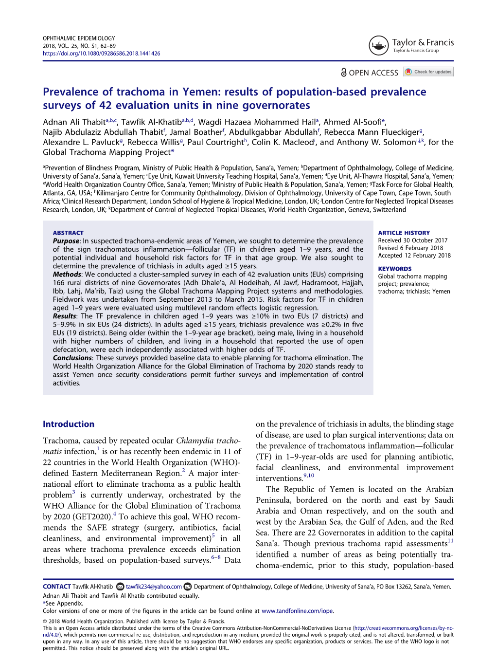 Prevalence of Trachoma in Yemen