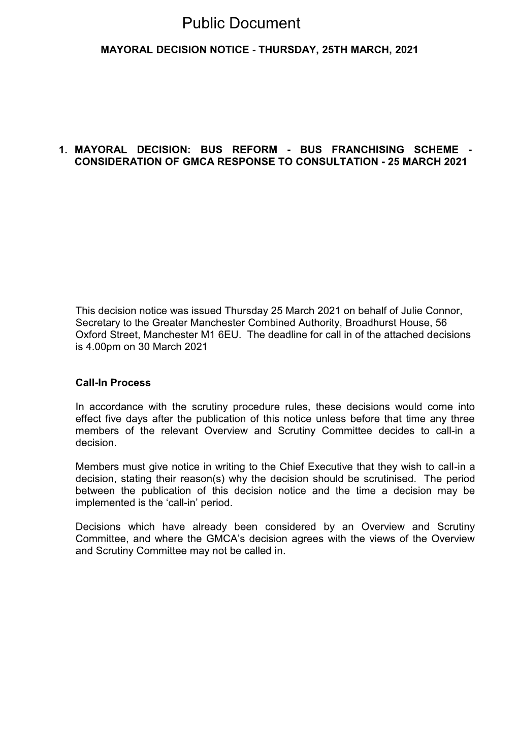 Bus Franchising Scheme - Consideration of Gmca Response to Consultation - 25 March 2021