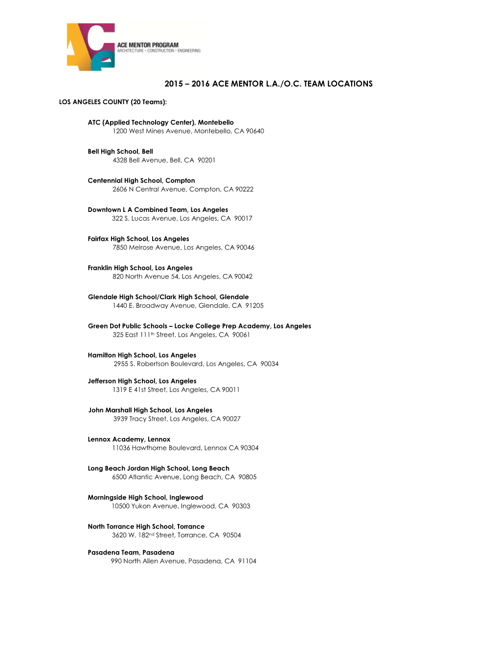 2016 Ace Mentor La/Oc Team Locations