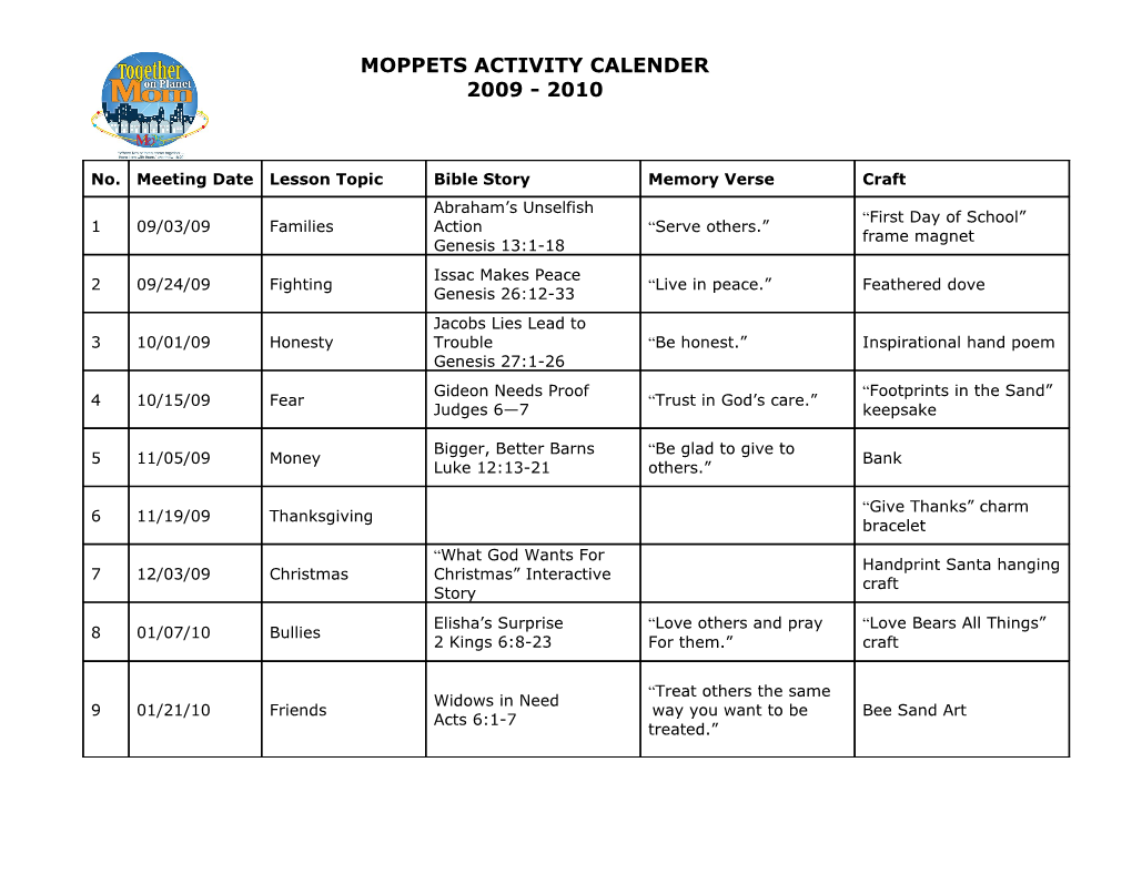 Moppets Activity Calender