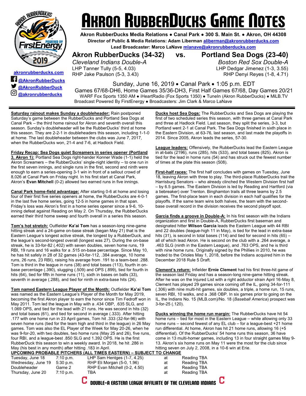 AKRON RUBBERDUCKS GAME NOTES Akron Rubberducks Media Relations ● Canal Park ● 300 S