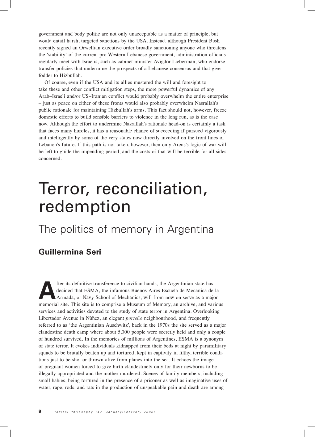 Terror, Reconciliation, Redemption the Politics of Memory in Argentina