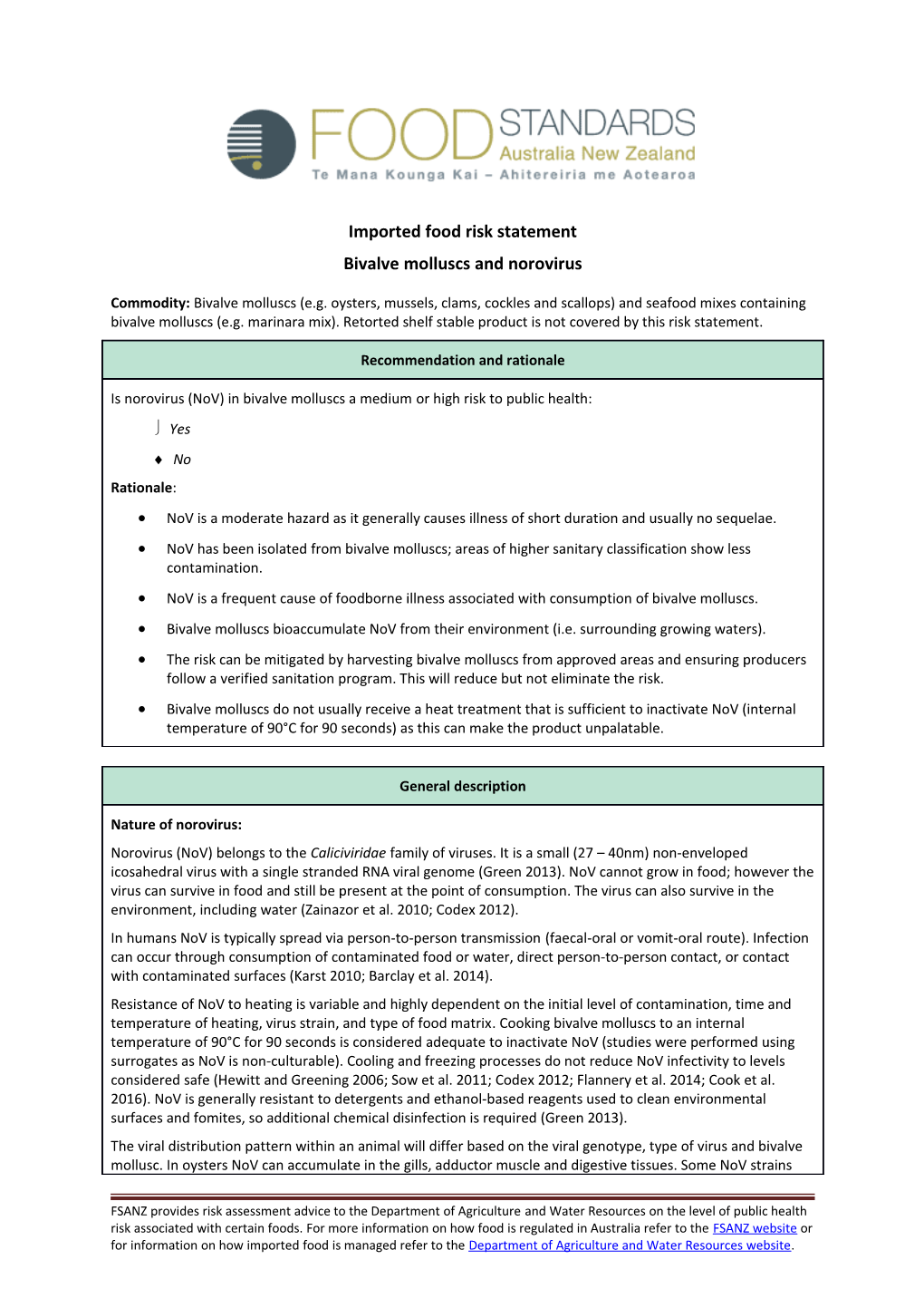 Imported Food Risk Statement: Bivalve Molluscs and Norovirus