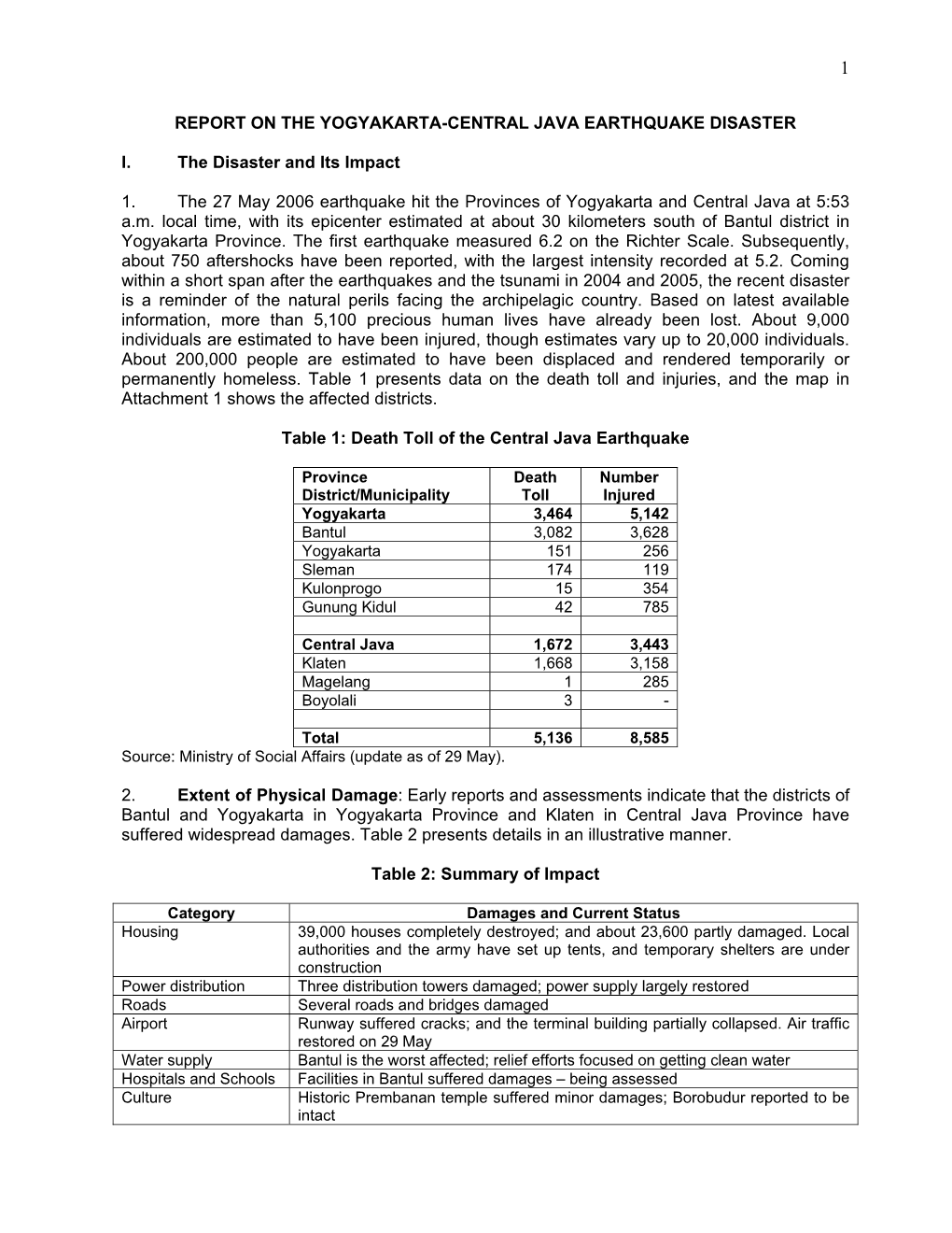 Report on the Yogyakarta-Central Java Earthquake Disaster