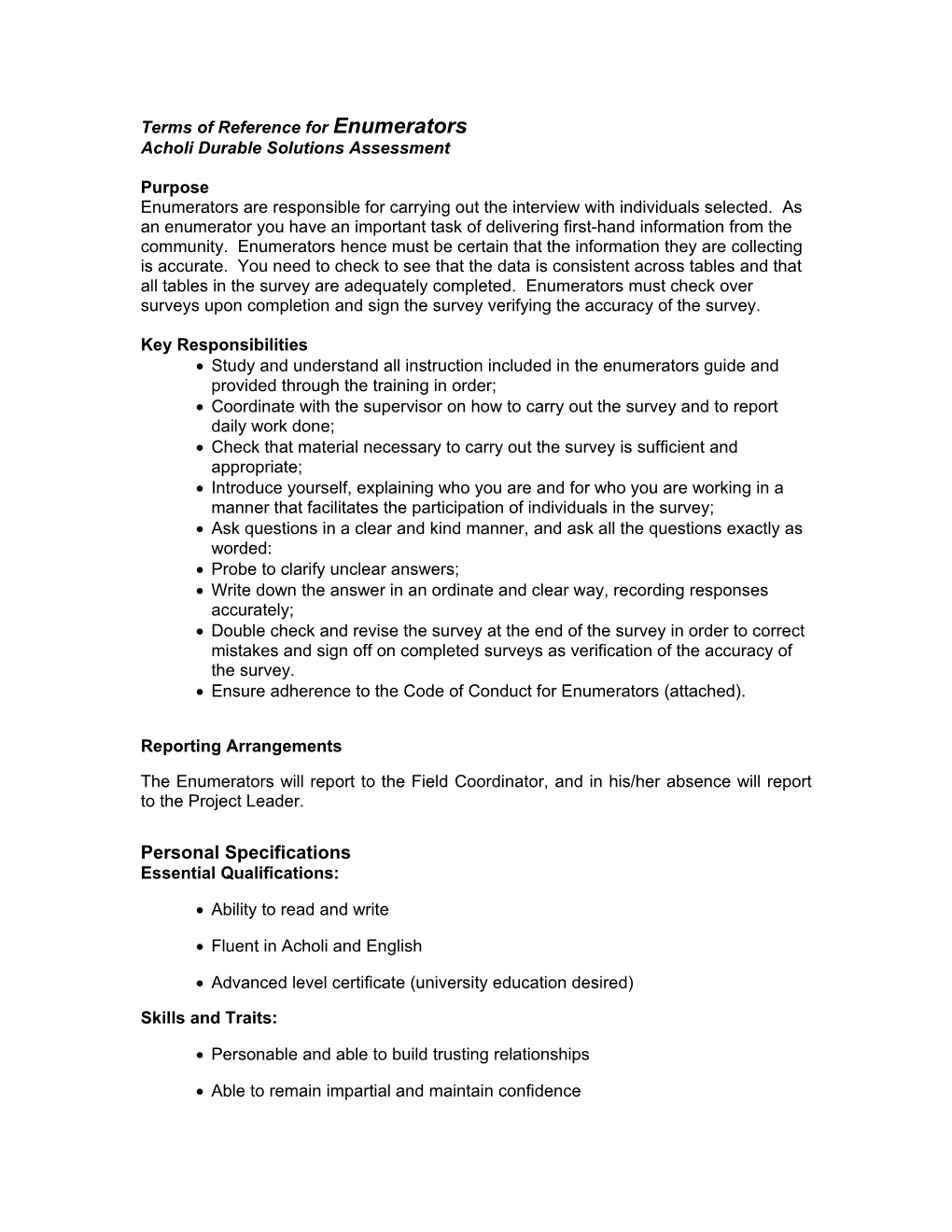 Terms of Reference for Enumerators