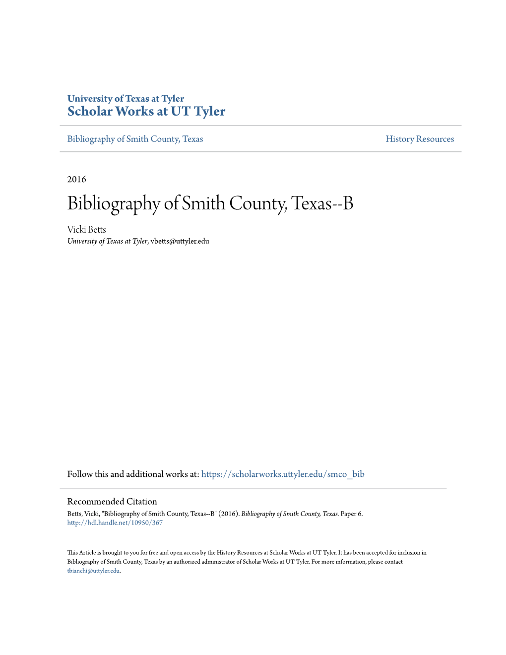 Bibliography of Smith County, Texas History Resources