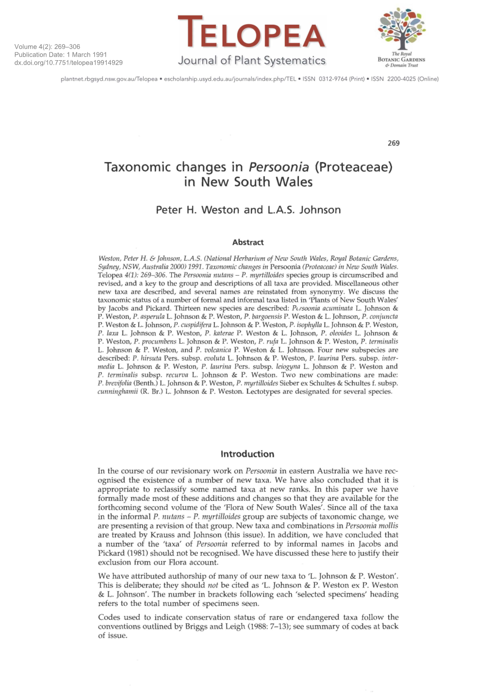 Taxonomic Changes in Persoonia (Proteaceae) in New South Wales