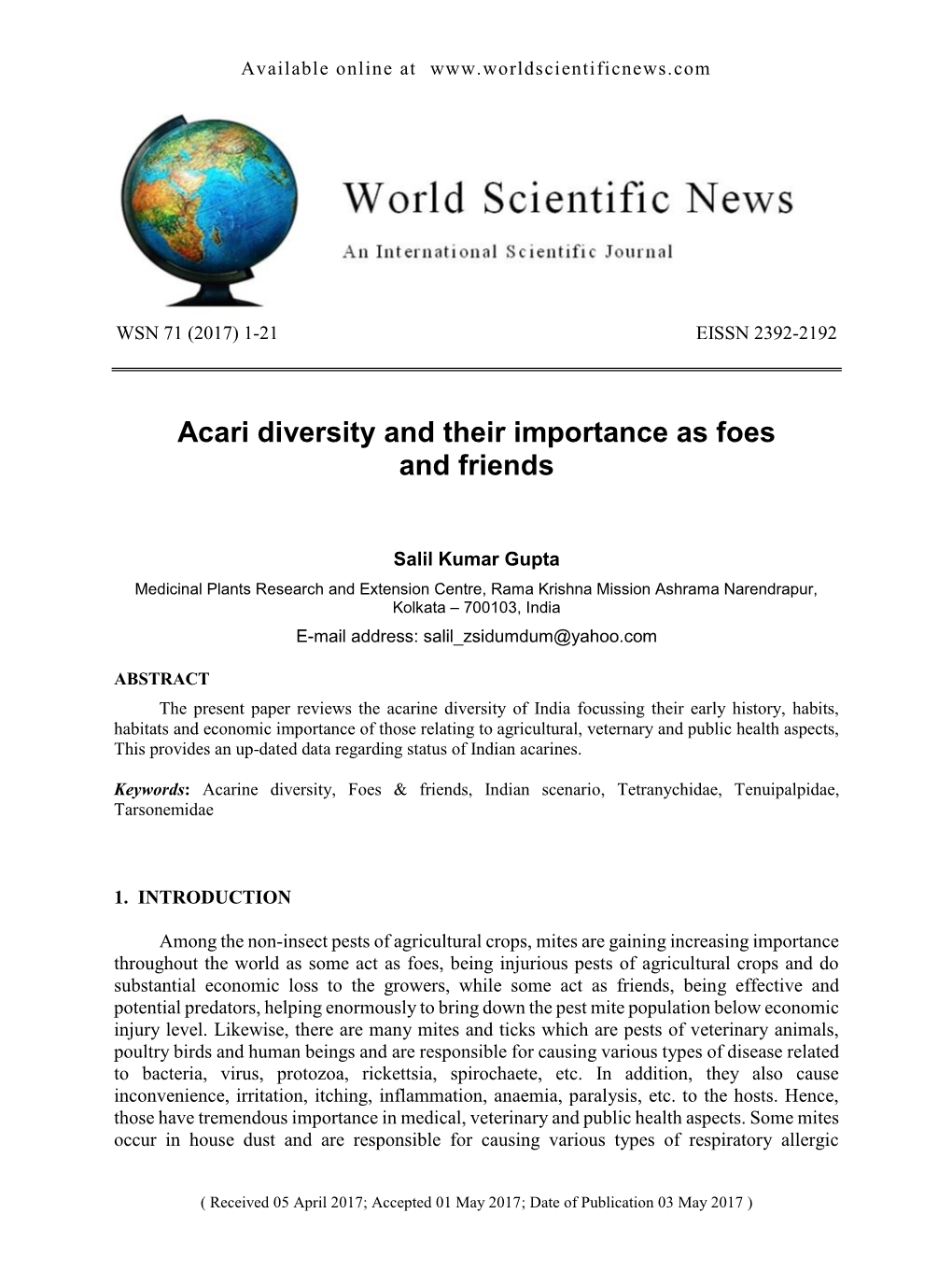 Acari Diversity and Their Importance As Foes and Friends