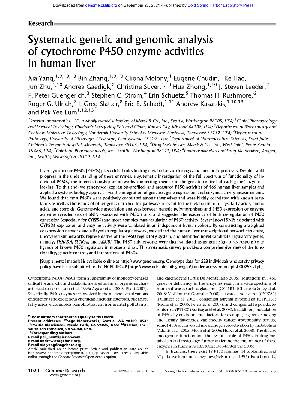 Systematic Genetic and Genomic Analysis of Cytochrome P450 Enzyme Activities in Human Liver