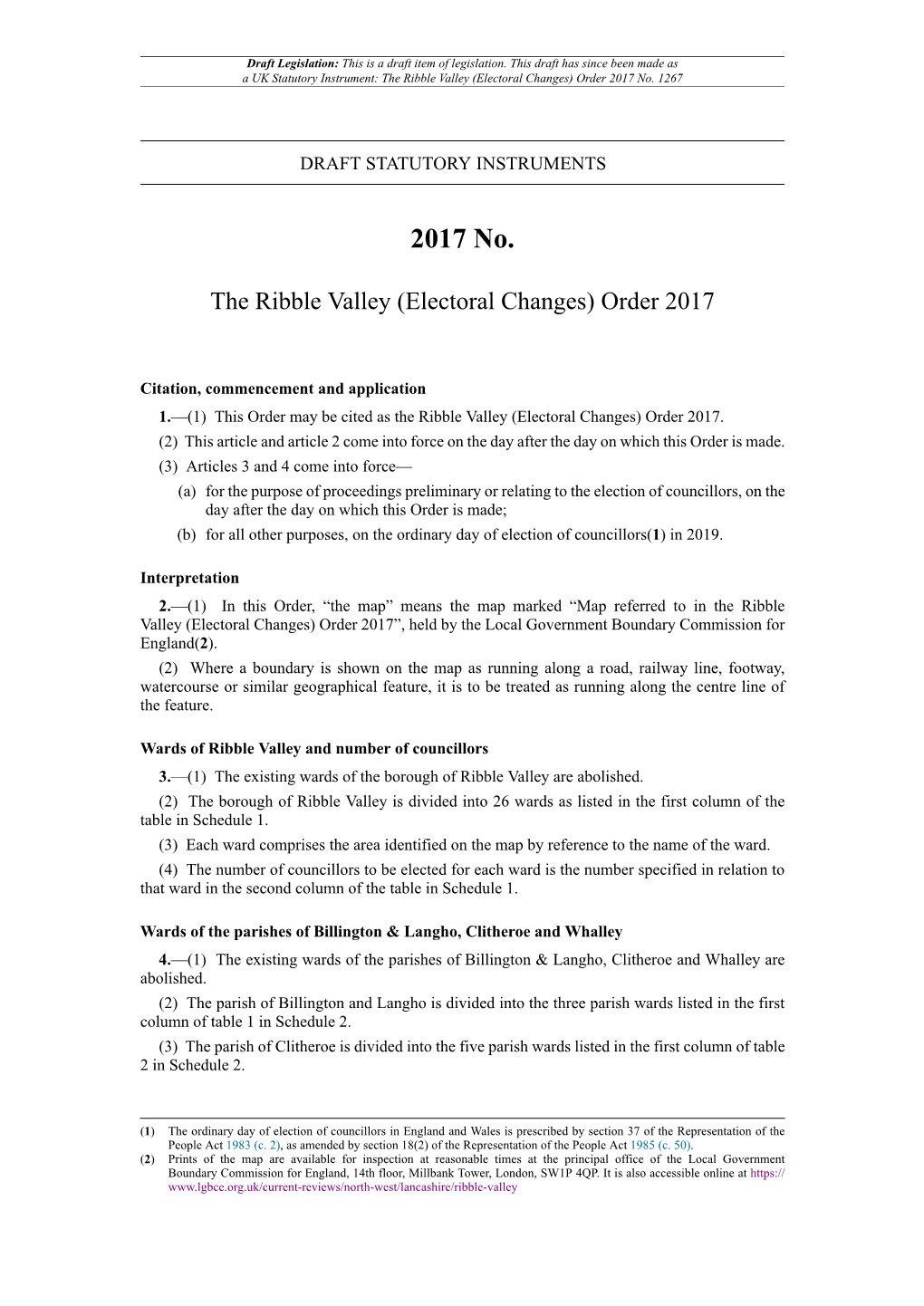 The Ribble Valley (Electoral Changes) Order 2017 No