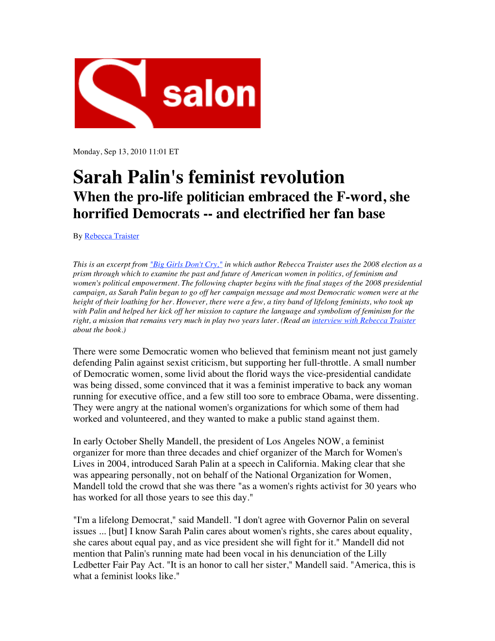 Sarah Palin's Feminist Revolution When the Pro-Life Politician Embraced the F-Word, She Horrified Democrats -- and Electrified Her Fan Base