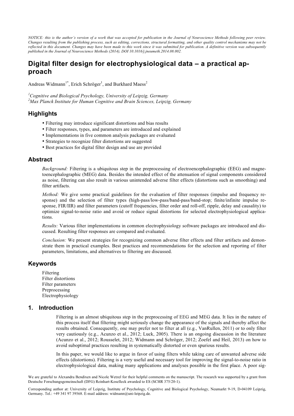 Digital Filter Design for Electrophysiological Data – a Practical Ap- Proach