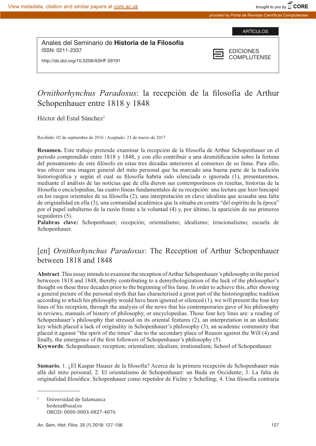 Ornithorhynchus Paradoxus: La Recepción De La Filosofía De Arthur Schopenhauer Entre 1818 Y 1848