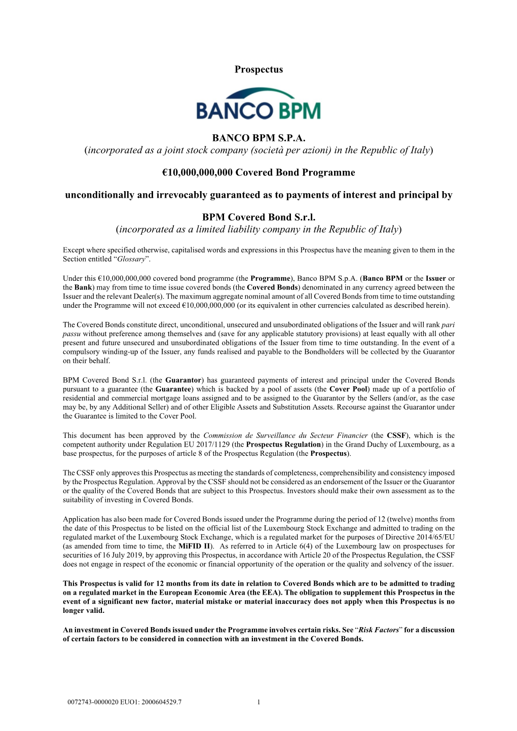 Prospectus BANCO BPM SPA (Incorporated As a Joint Stock Company (Società Per Azioni) in the Republic of Italy)