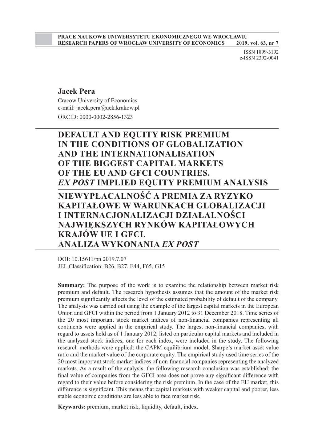 Default and Equity Risk Premium in the Conditions of Globalization and the Internationalisation of the Biggest Capital Markets of the Eu and Gfci Countries