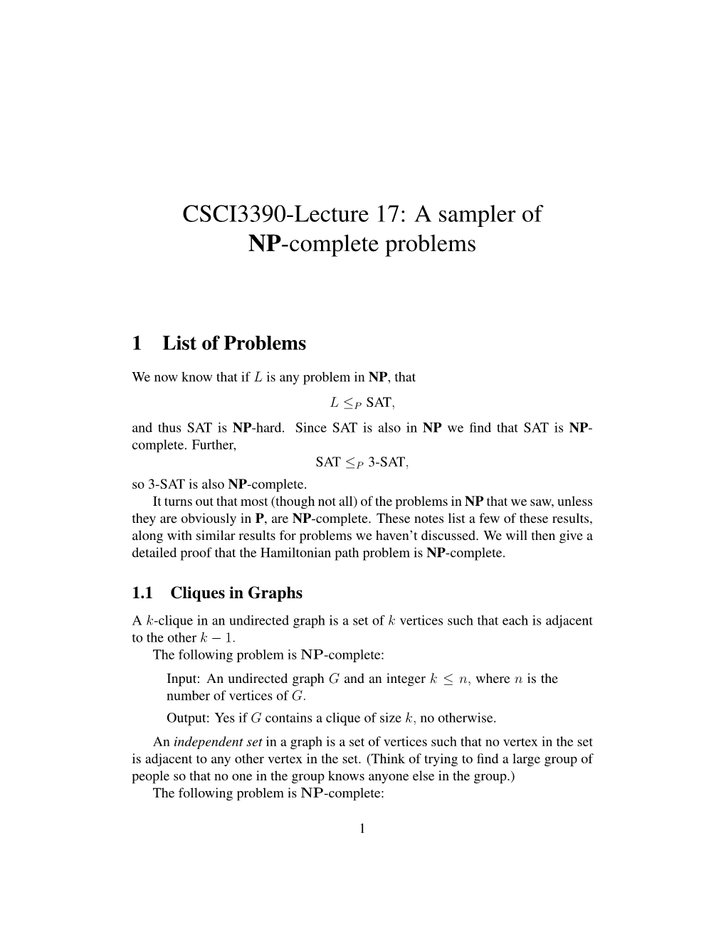 CSCI3390-Lecture 17: a Sampler of NP-Complete Problems