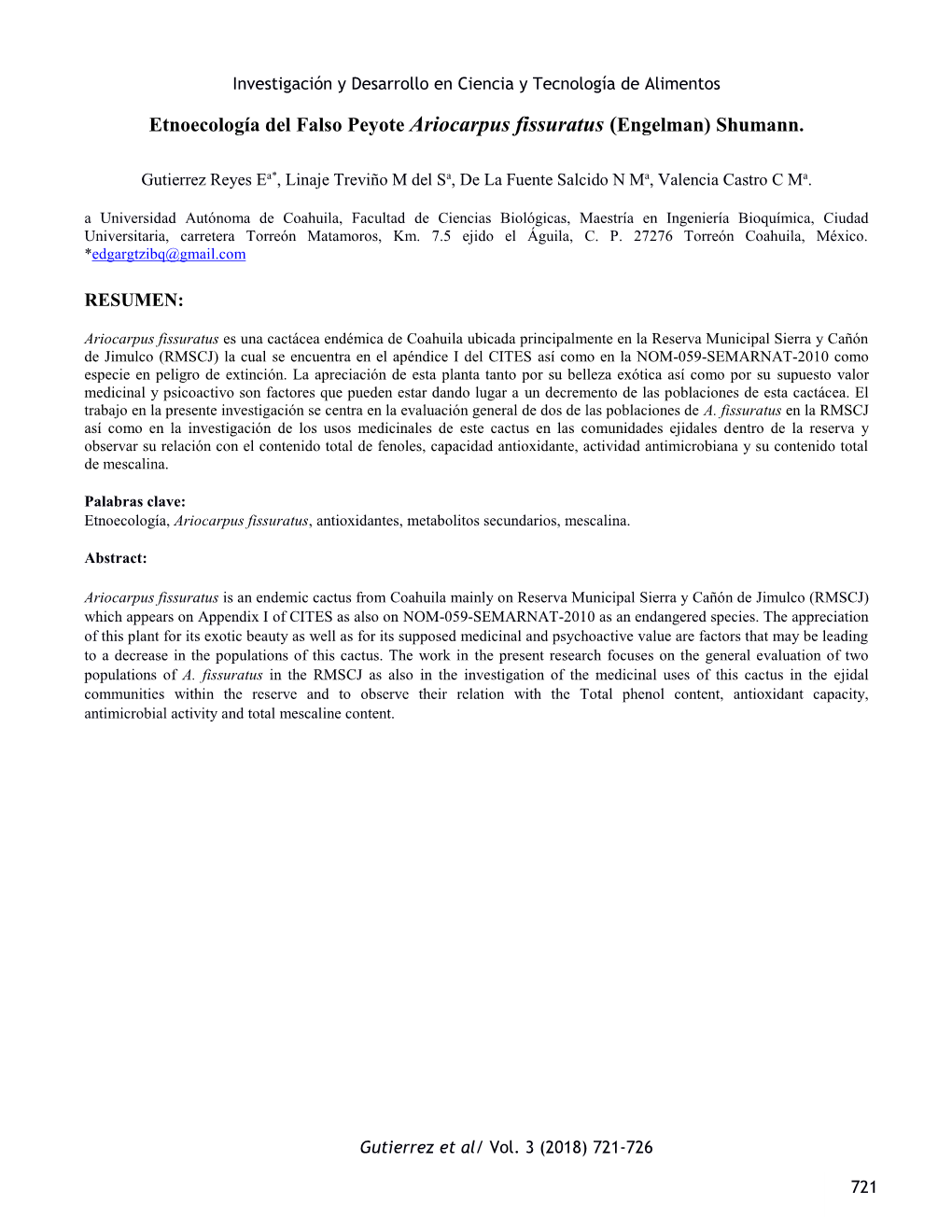 Etnoecología Del Falso Peyote Ariocarpus Fissuratus (Engelman) Shumann