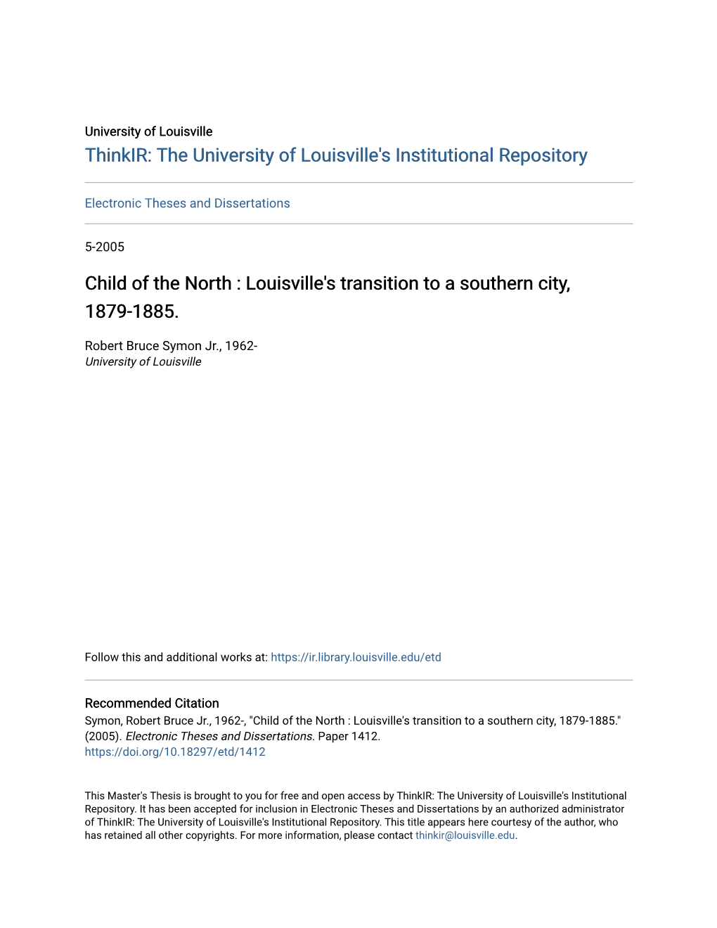 Louisville's Transition to a Southern City, 1879-1885