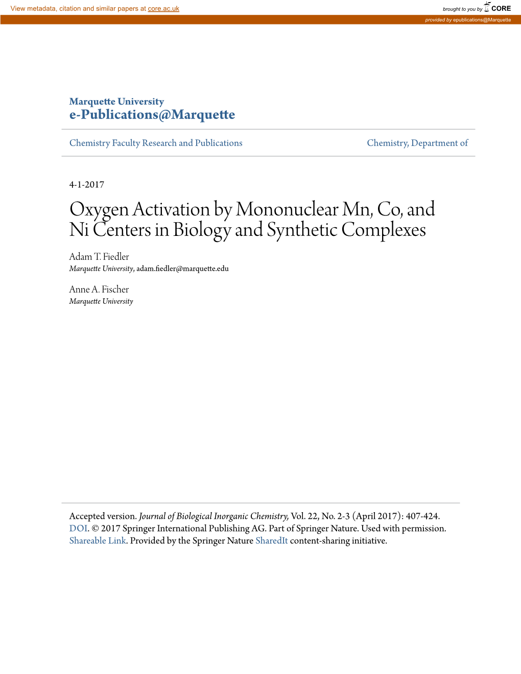 Oxygen Activation by Mononuclear Mn, Co, and Ni Centers in Biology and Synthetic Complexes Adam T
