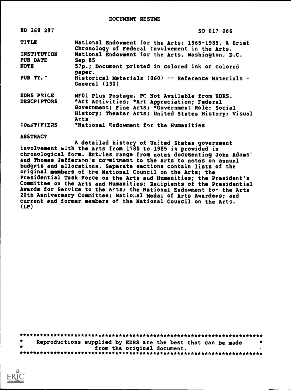 DOCUMENT RESUME SO 017 066 National Endowment for the Arts