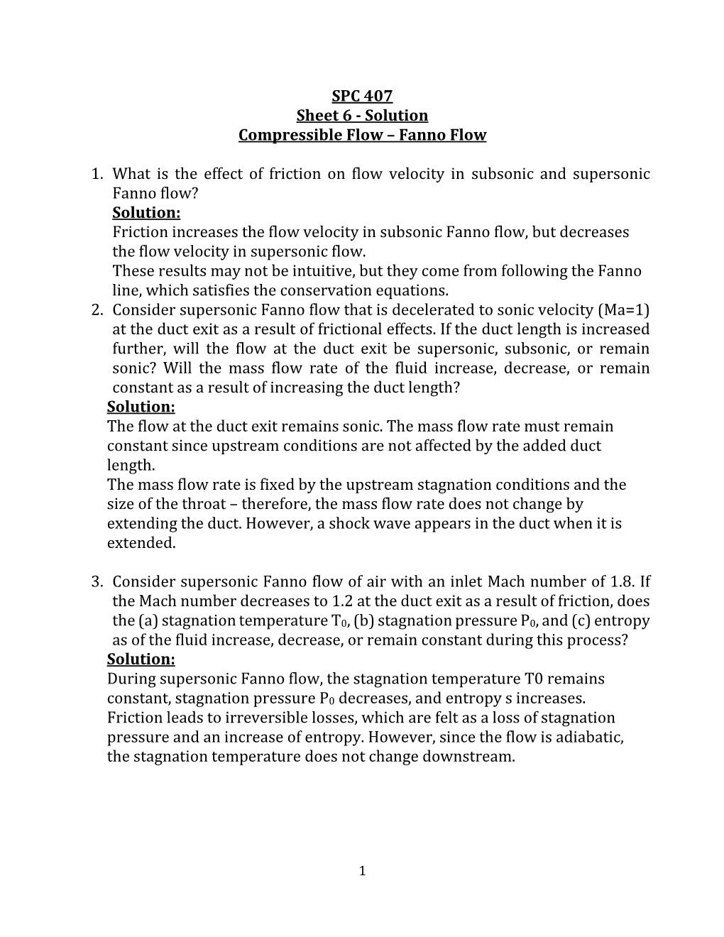 SPC 407 Sheet 6 - Solution Compressible Flow – Fanno Flow