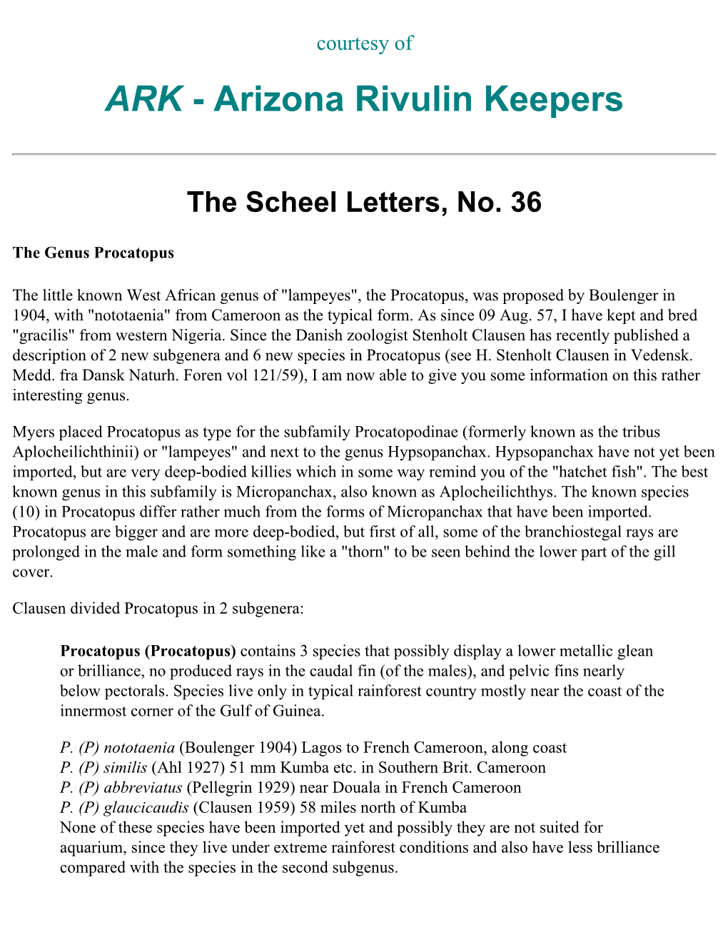 Scheel's Letters: the Genus Procatopus