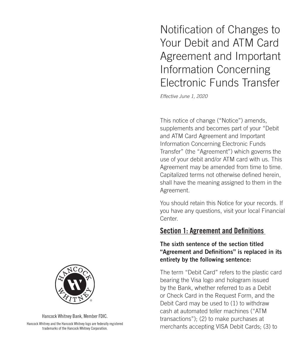 Notification of Changes to Your Debit and ATM Card Agreement and Important Information Concerning Electronic Funds Transfer