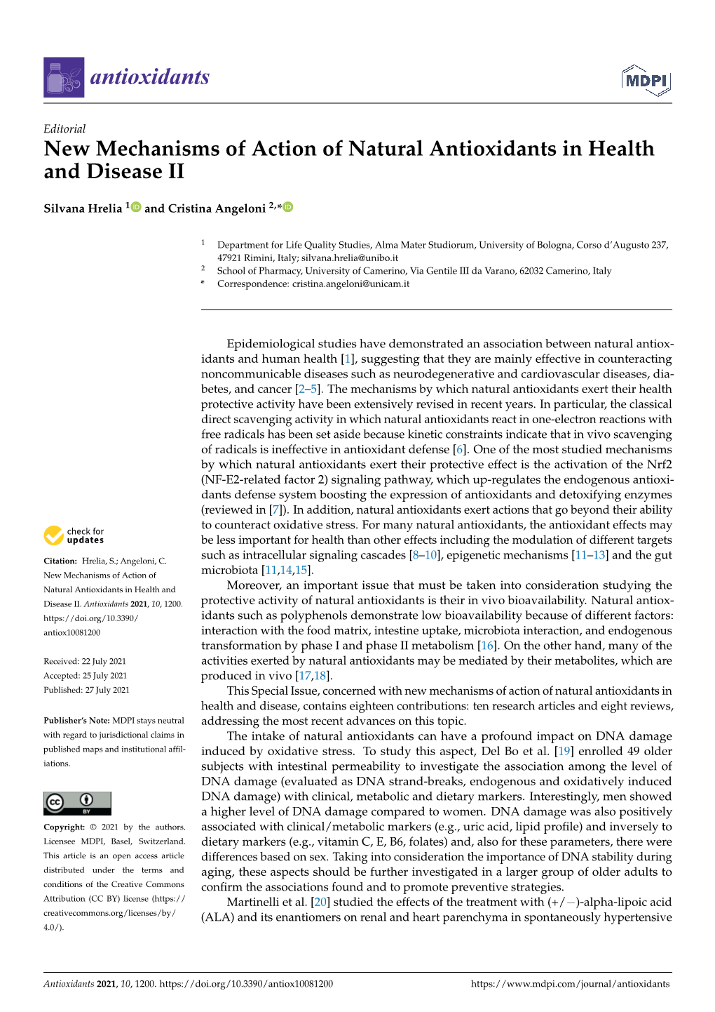 New Mechanisms of Action of Natural Antioxidants in Health and Disease II